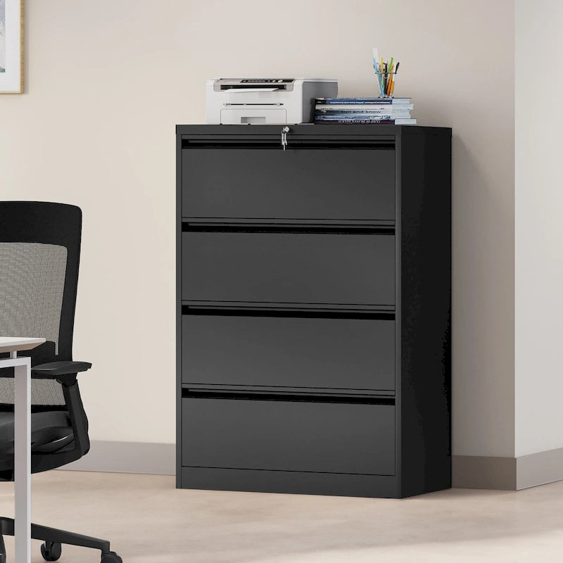 Armoire de classement latérale large en acier avec verrouillage, noire et blanche, pour bureau