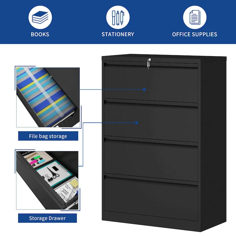 Armoire de classement latérale large en acier avec verrouillage, noire et blanche, pour bureau