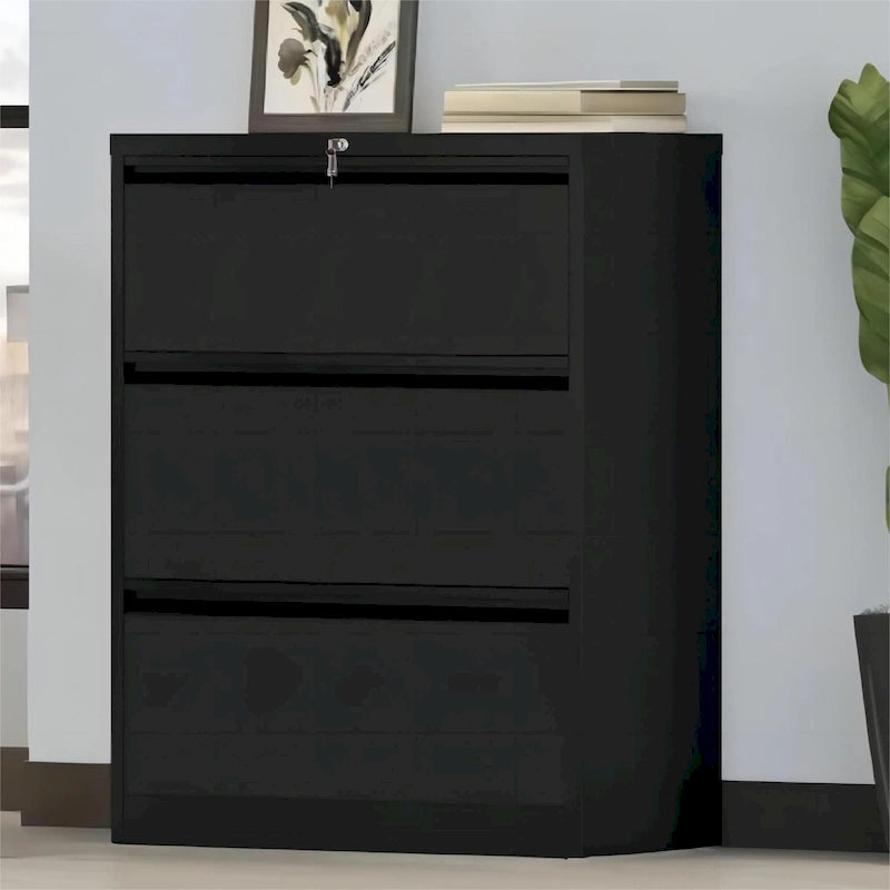 Armoire de classement latérale large en acier avec verrouillage, noire et blanche, pour bureau