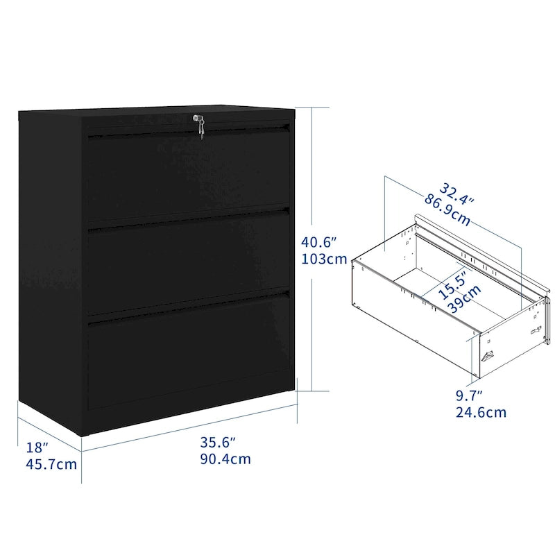 Armoire de classement latérale large en acier avec verrouillage, noire et blanche, pour bureau