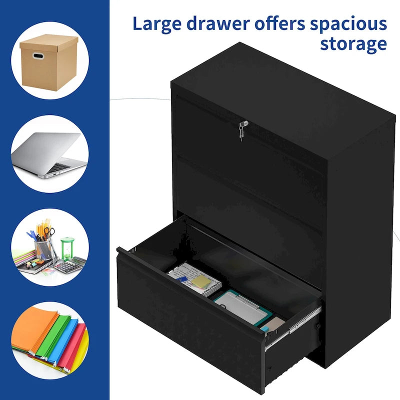 Armoire de classement latérale large en acier avec verrouillage, noire et blanche, pour bureau
