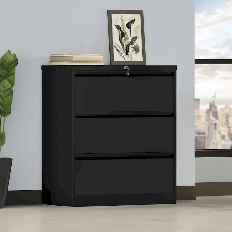 Armoire de classement latérale large en acier avec verrouillage, noire et blanche, pour bureau