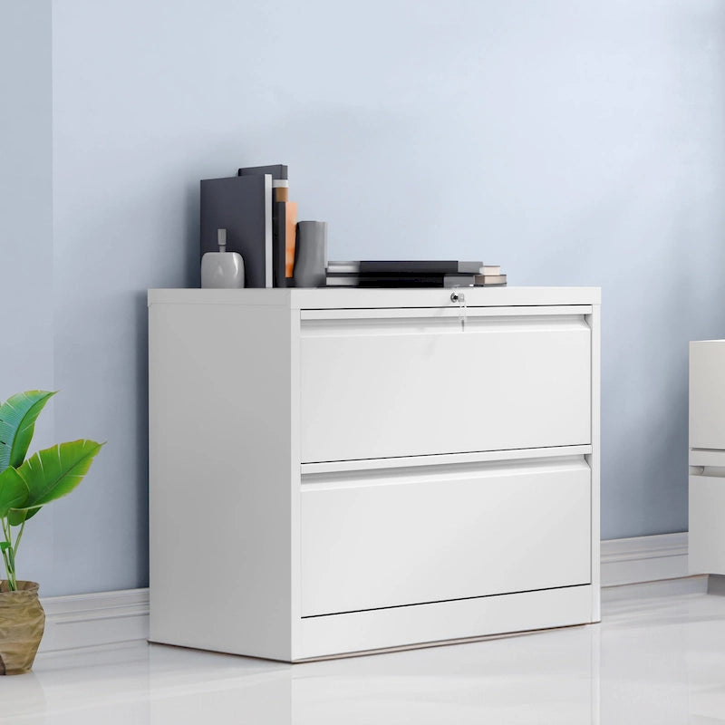 Armoire de classement latérale large en acier avec verrouillage, noire et blanche, pour bureau