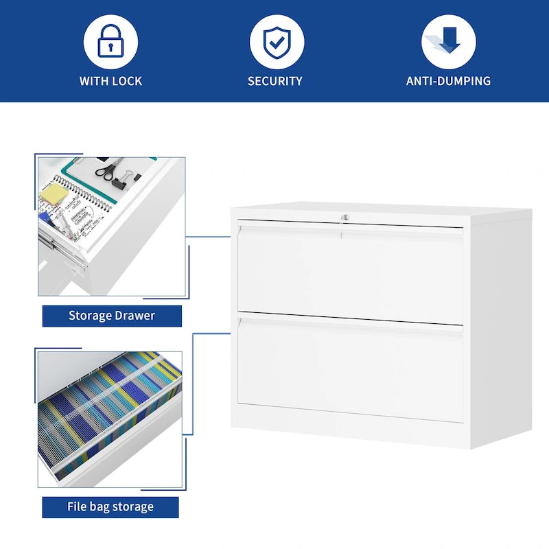 Armoire de classement latérale large en acier avec verrouillage, noire et blanche, pour bureau
