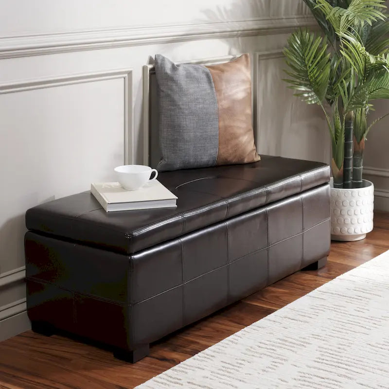 Grand banc de rangement en similicuir touffeté marron avec compartiment caché