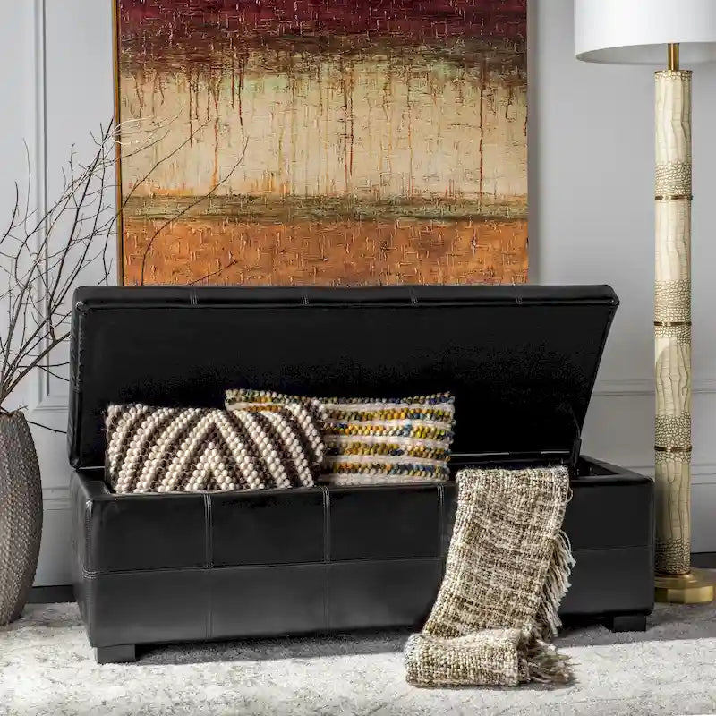 Grand banc de rangement en similicuir touffeté marron avec compartiment caché