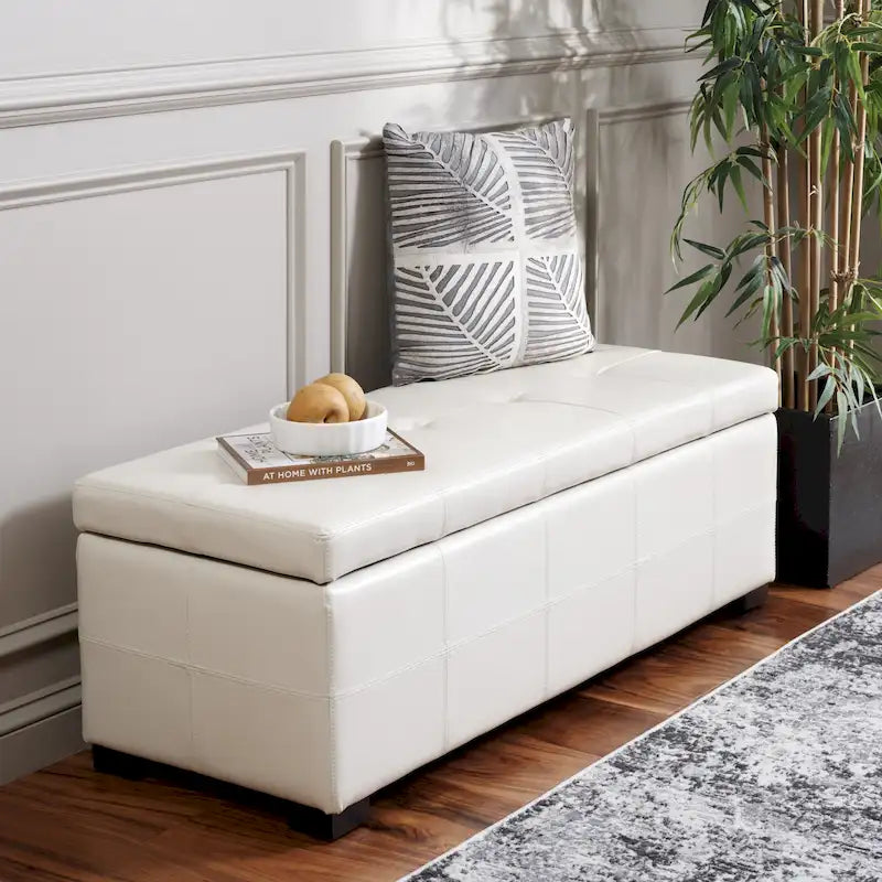 Grand banc de rangement en similicuir touffeté marron avec compartiment caché