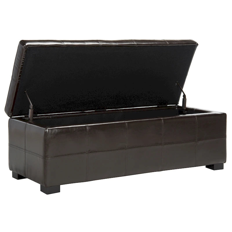 Grand banc de rangement en similicuir touffeté marron avec compartiment caché