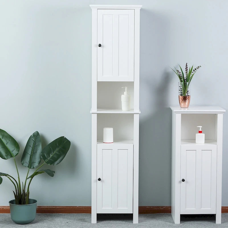 Meuble de rangement haut blanc en lin avec portes et étagères ouvertes