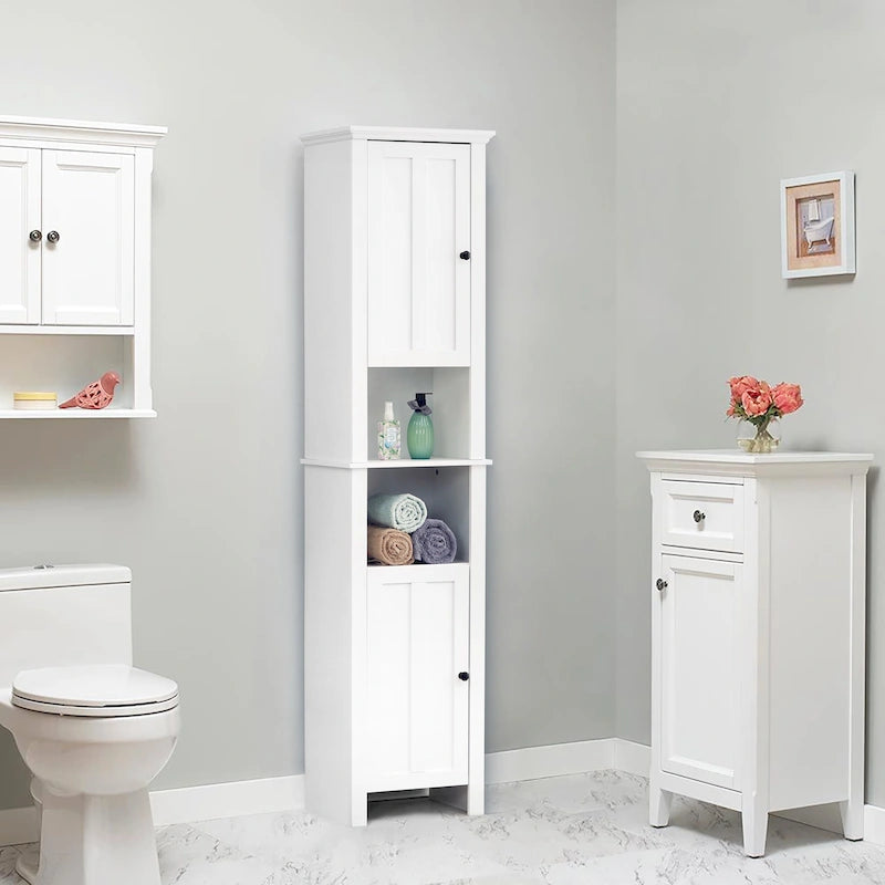 Meuble de rangement haut blanc en lin avec portes et étagères ouvertes