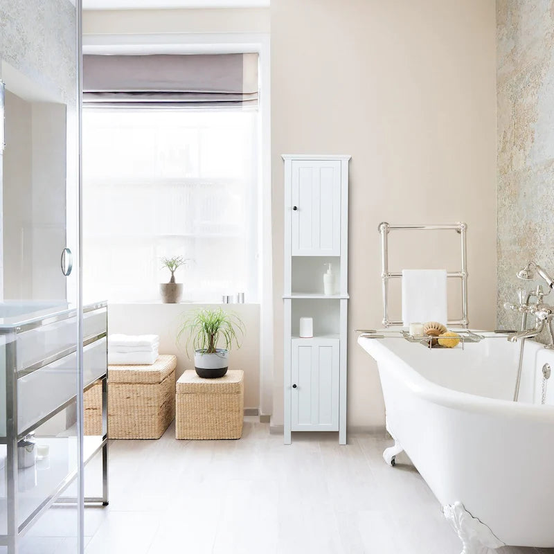 Meuble de rangement haut blanc en lin avec portes et étagères ouvertes