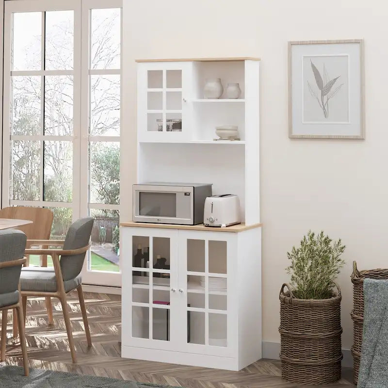 Armoire de cuisine autoportante de 72 pouces avec portes vitrées, noir ou blanc