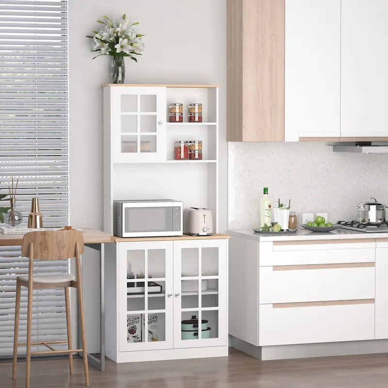Armoire de cuisine autoportante de 72 pouces avec portes vitrées, noir ou blanc