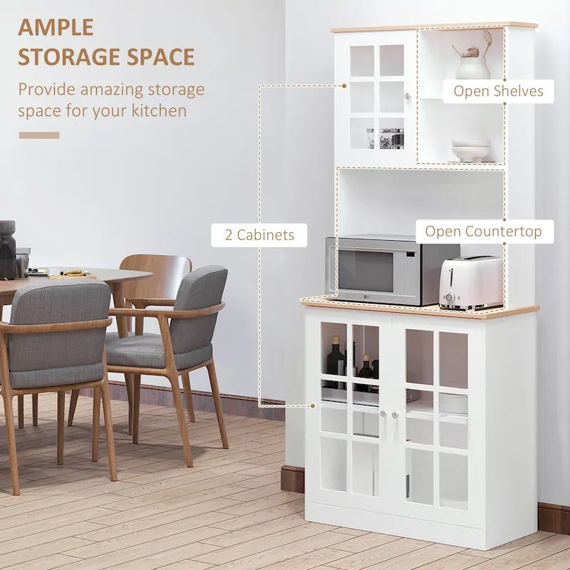Armoire de cuisine autoportante de 72 pouces avec portes vitrées, noir ou blanc