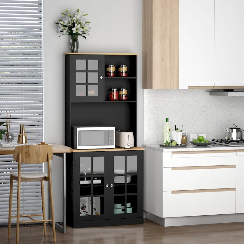 Armoire de cuisine autoportante de 72 pouces avec portes vitrées, noir ou blanc