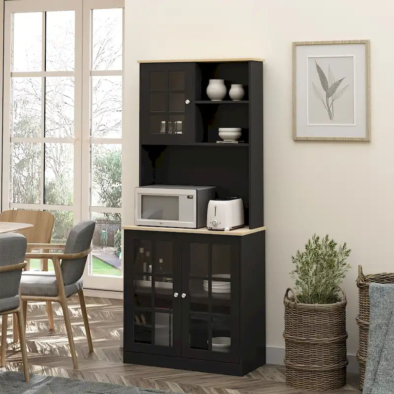Armoire de cuisine autoportante de 72 pouces avec portes vitrées, noir ou blanc