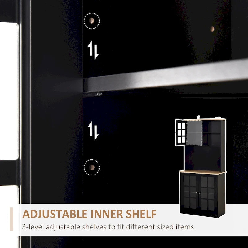 Armoire de cuisine autoportante de 72 pouces avec portes vitrées, noir ou blanc
