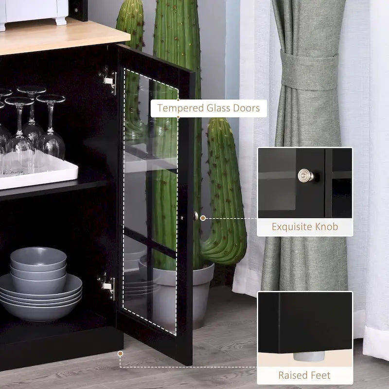 Armoire de cuisine autoportante de 72 pouces avec portes vitrées, noir ou blanc