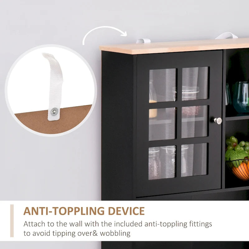 Armoire de cuisine autoportante de 72 pouces avec portes vitrées, noir ou blanc