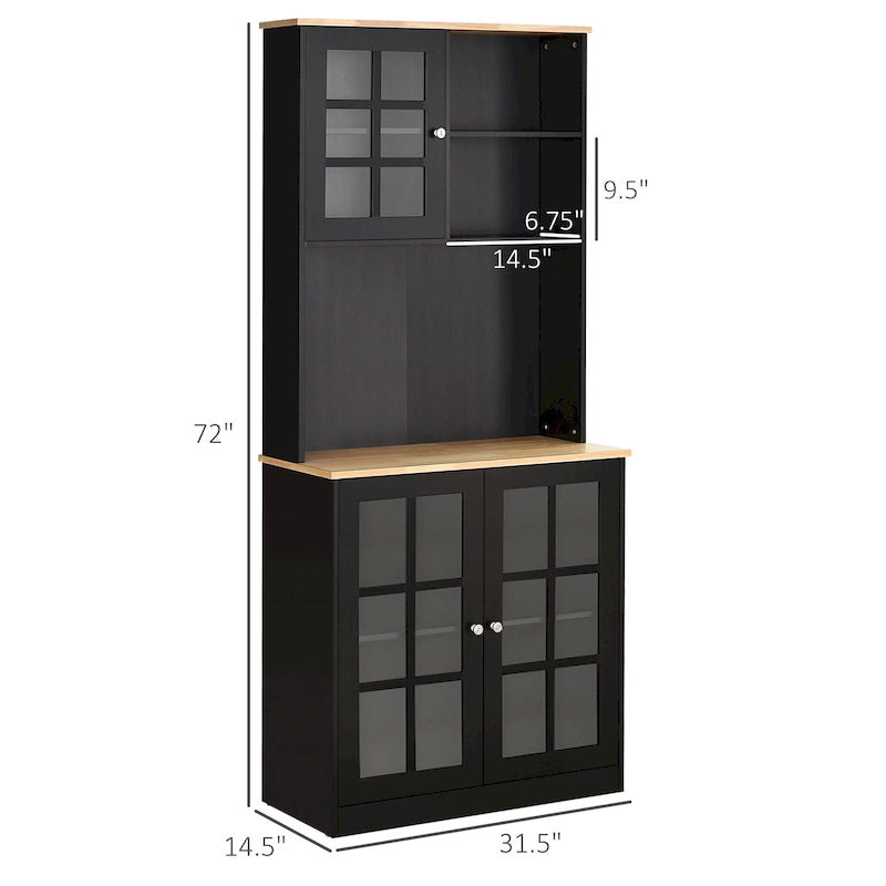 Armoire de cuisine autoportante de 72 pouces avec portes vitrées, noir ou blanc