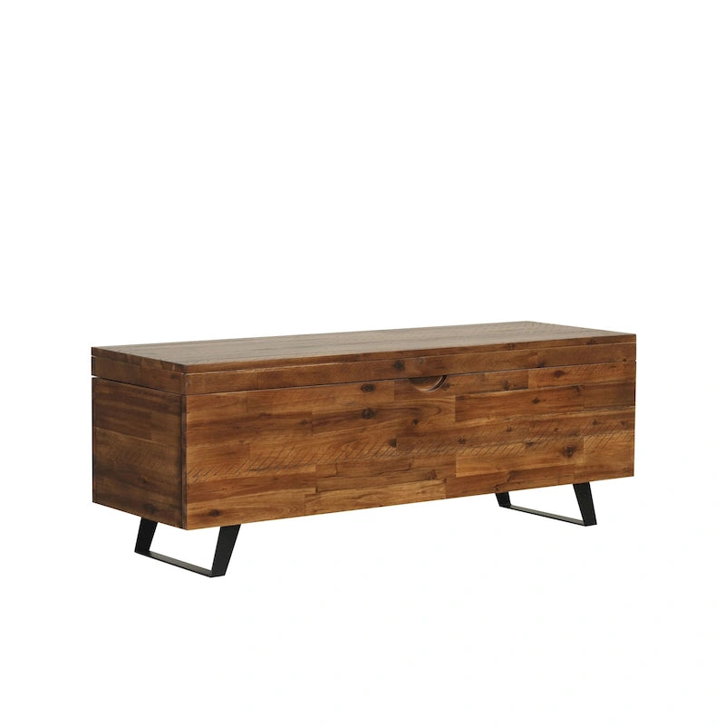 Banc de rangement en bois d'acacia de 46 pouces avec couvercle à charnière marron et blanc