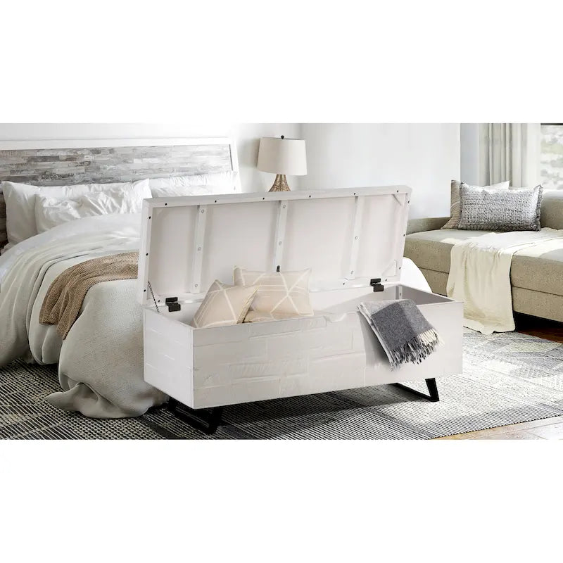 Banc de rangement en bois d'acacia de 46 pouces avec couvercle à charnière marron et blanc