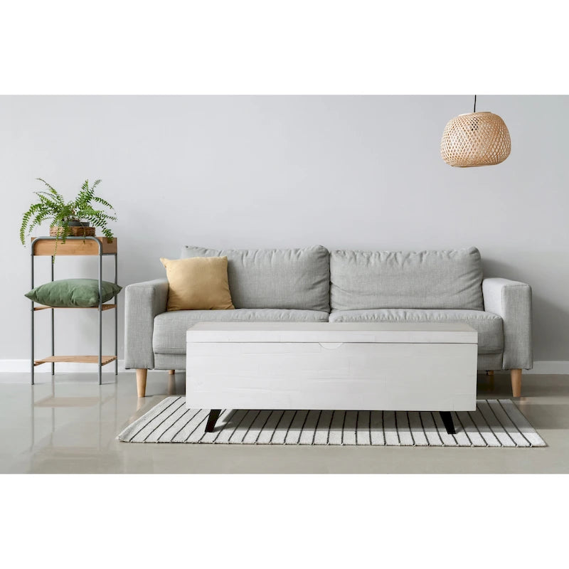 Banc de rangement en bois d'acacia de 46 pouces avec couvercle à charnière marron et blanc