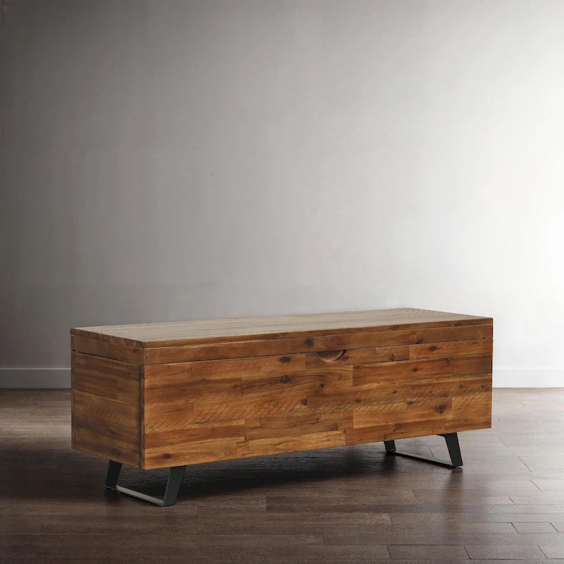 Banc de rangement en bois d'acacia de 46 pouces avec couvercle à charnière marron et blanc