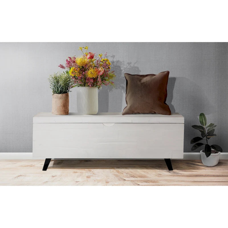 Banc de rangement en bois d'acacia de 46 pouces avec couvercle à charnière marron et blanc