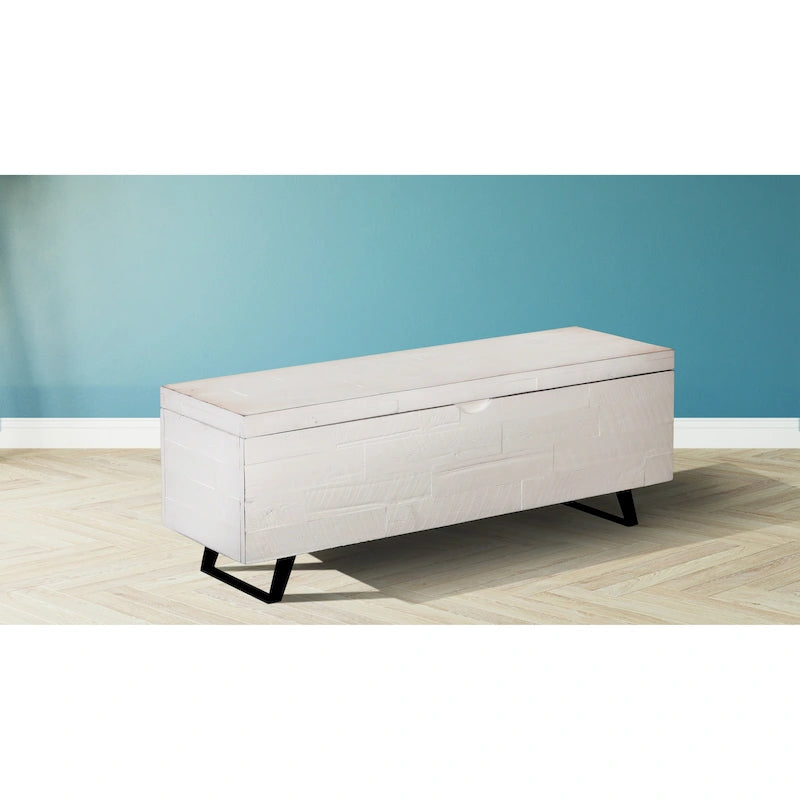 Banc de rangement en bois d'acacia de 46 pouces avec couvercle à charnière marron et blanc