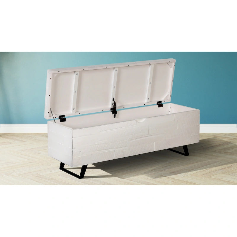 Banc de rangement en bois d'acacia de 46 pouces avec couvercle à charnière marron et blanc