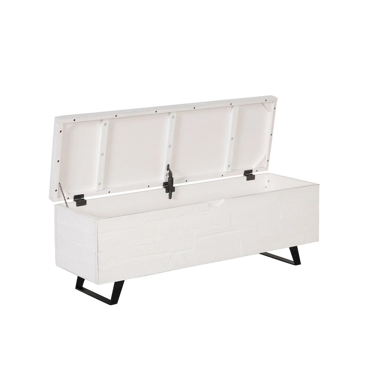 Banc de rangement en bois d'acacia de 46 pouces avec couvercle à charnière marron et blanc