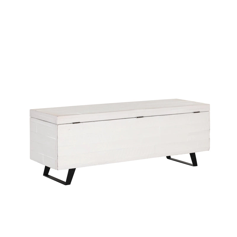 Banc de rangement en bois d'acacia de 46 pouces avec couvercle à charnière marron et blanc