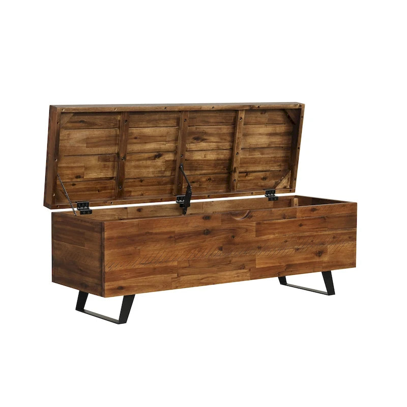 Banc de rangement en bois d'acacia de 46 pouces avec couvercle à charnière marron et blanc
