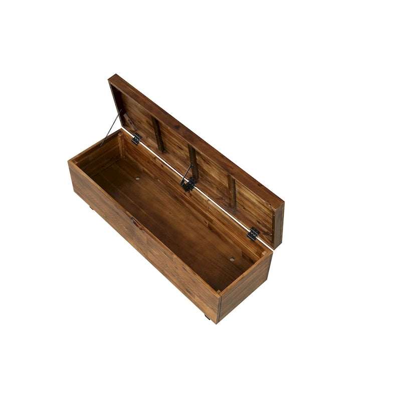 Banc de rangement en bois d'acacia de 46 pouces avec couvercle à charnière marron et blanc