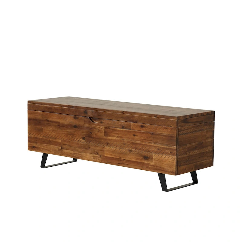 Banc de rangement en bois d'acacia de 46 pouces avec couvercle à charnière marron et blanc