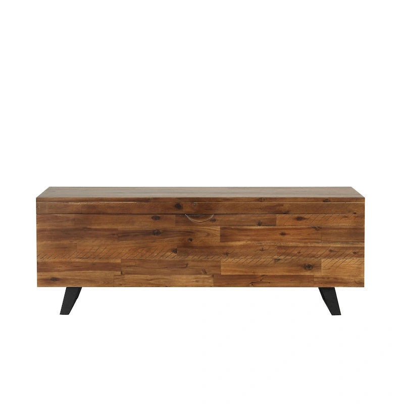 Banc de rangement en bois d'acacia de 46 pouces avec couvercle à charnière marron et blanc