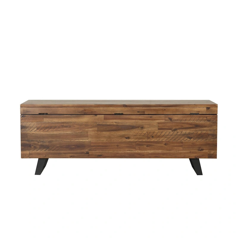 Banc de rangement en bois d'acacia de 46 pouces avec couvercle à charnière marron et blanc