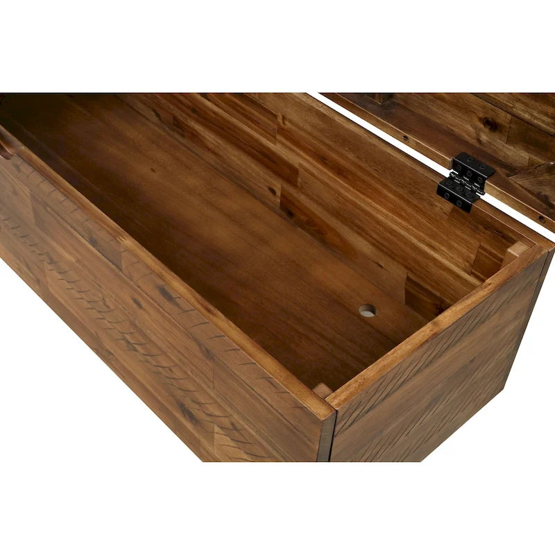 Banc de rangement en bois d'acacia de 46 pouces avec couvercle à charnière marron et blanc