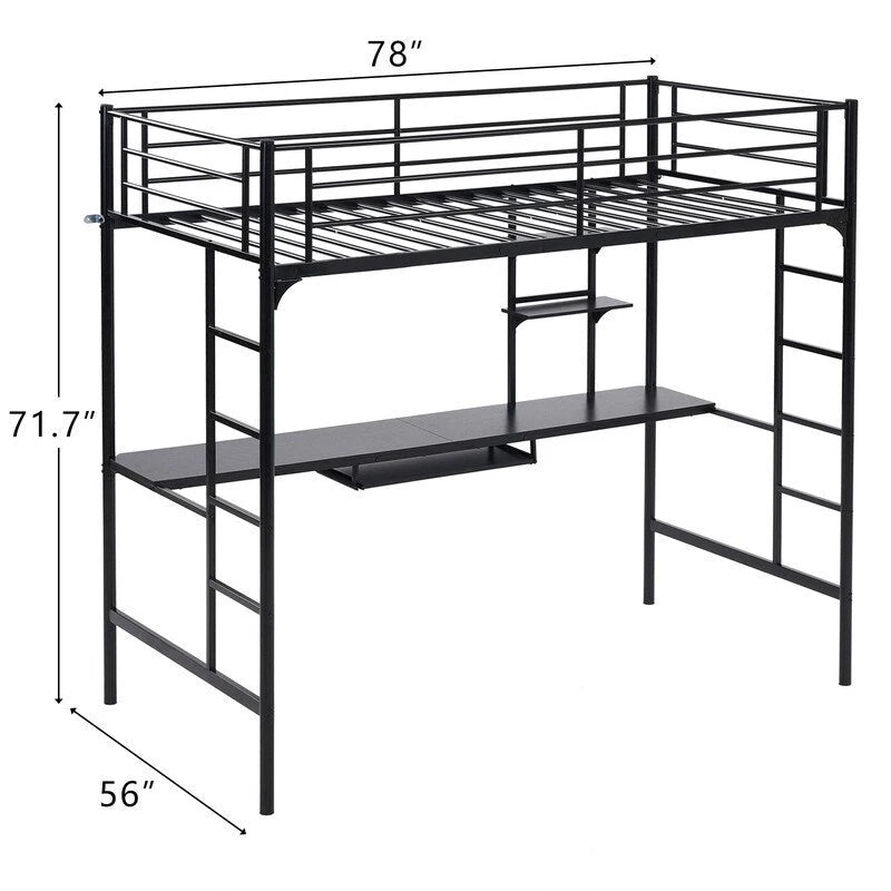 Lit mezzanine en métal noir avec bureau, étagères et rangements