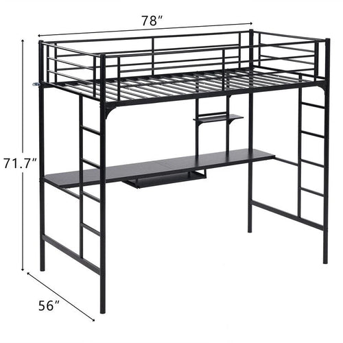 Lit mezzanine en métal noir avec bureau, étagères et rangements