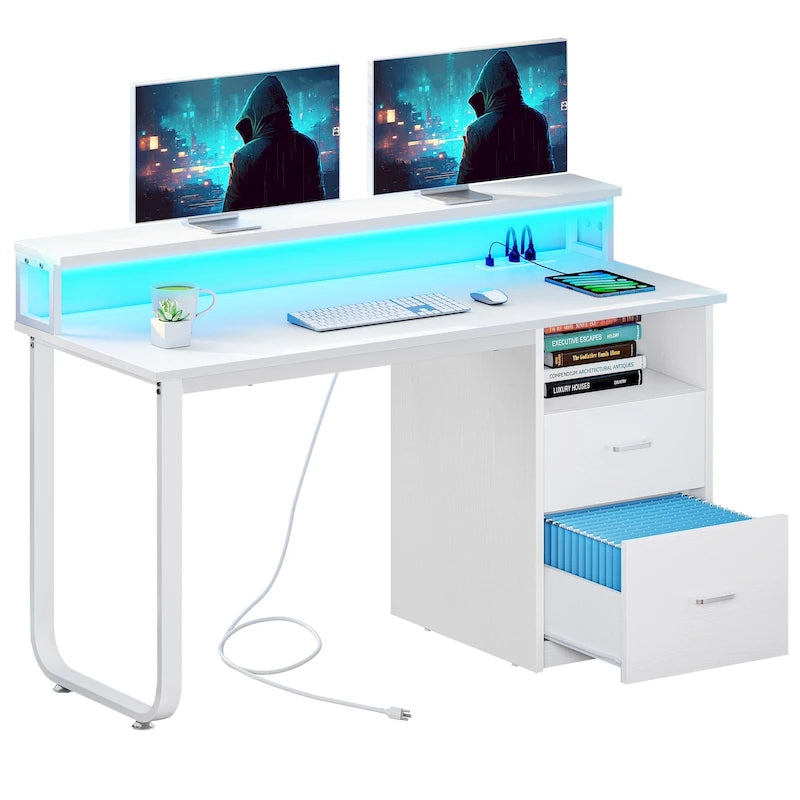 Bureau informatique avec lumières LED RGB, support d'écran, tiroirs Blanc Marron