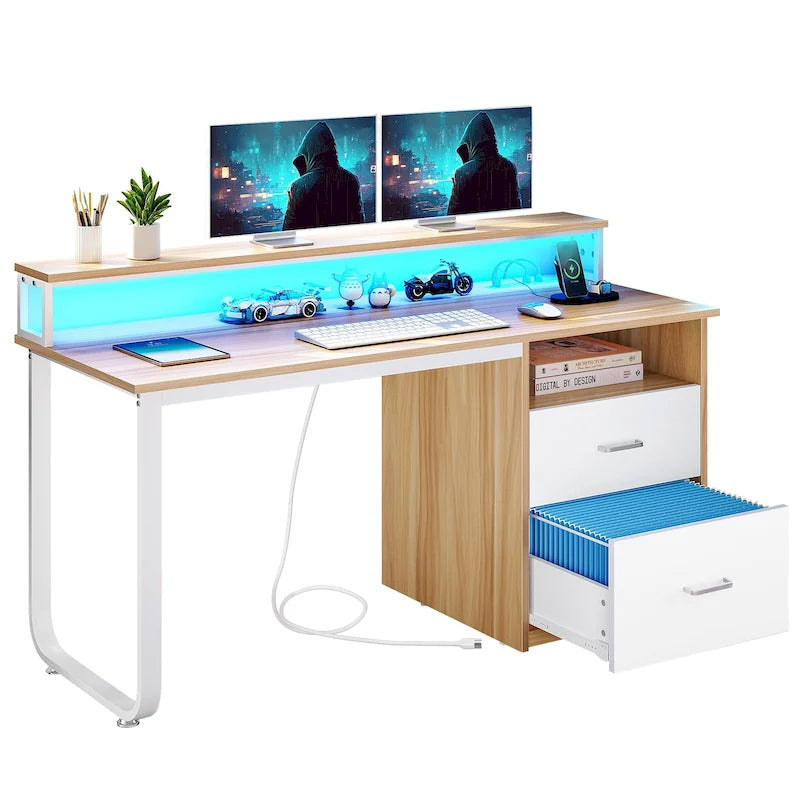 Bureau informatique avec lumières LED RGB, support d'écran, tiroirs Blanc Marron