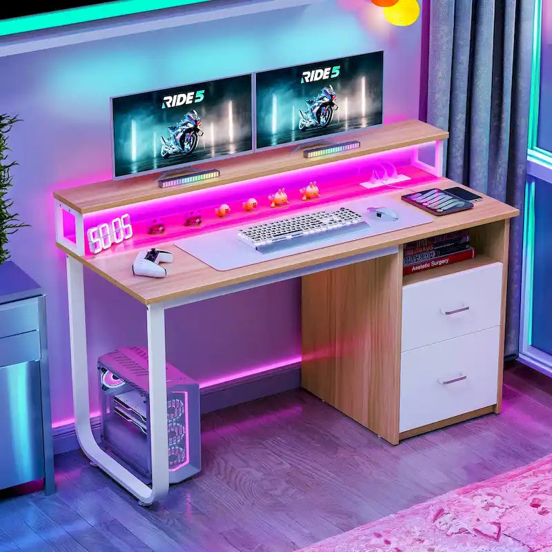 Bureau informatique avec lumières LED RGB, support d'écran, tiroirs Blanc Marron