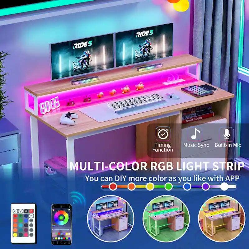 Bureau informatique avec lumières LED RGB, support d'écran, tiroirs Blanc Marron