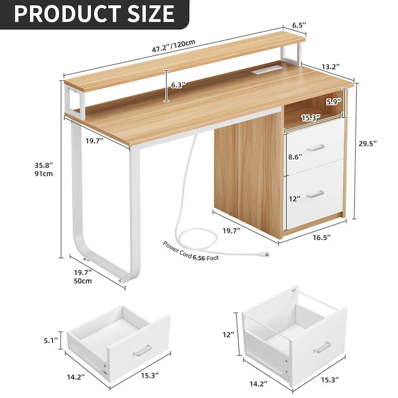 Bureau informatique avec lumières LED RGB, support d'écran, tiroirs Blanc Marron