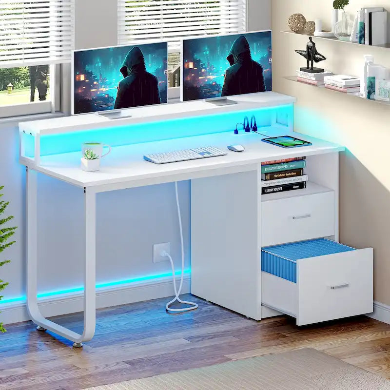 Bureau informatique avec lumières LED RGB, support d'écran, tiroirs Blanc Marron