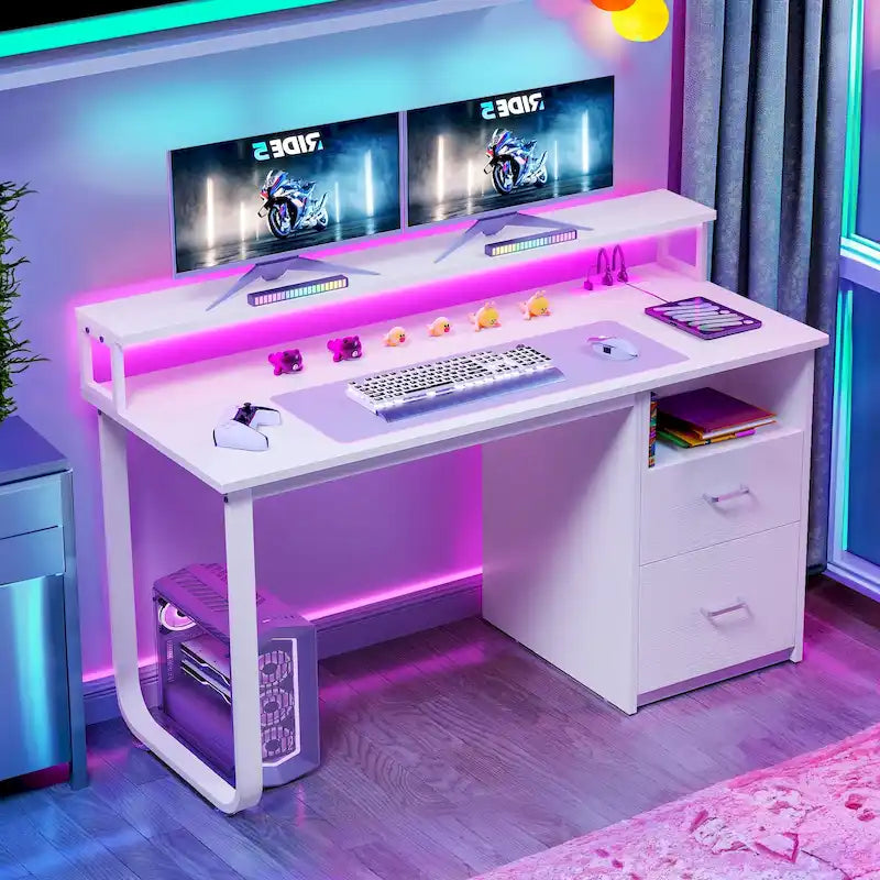 Bureau informatique avec lumières LED RGB, support d'écran, tiroirs Blanc Marron