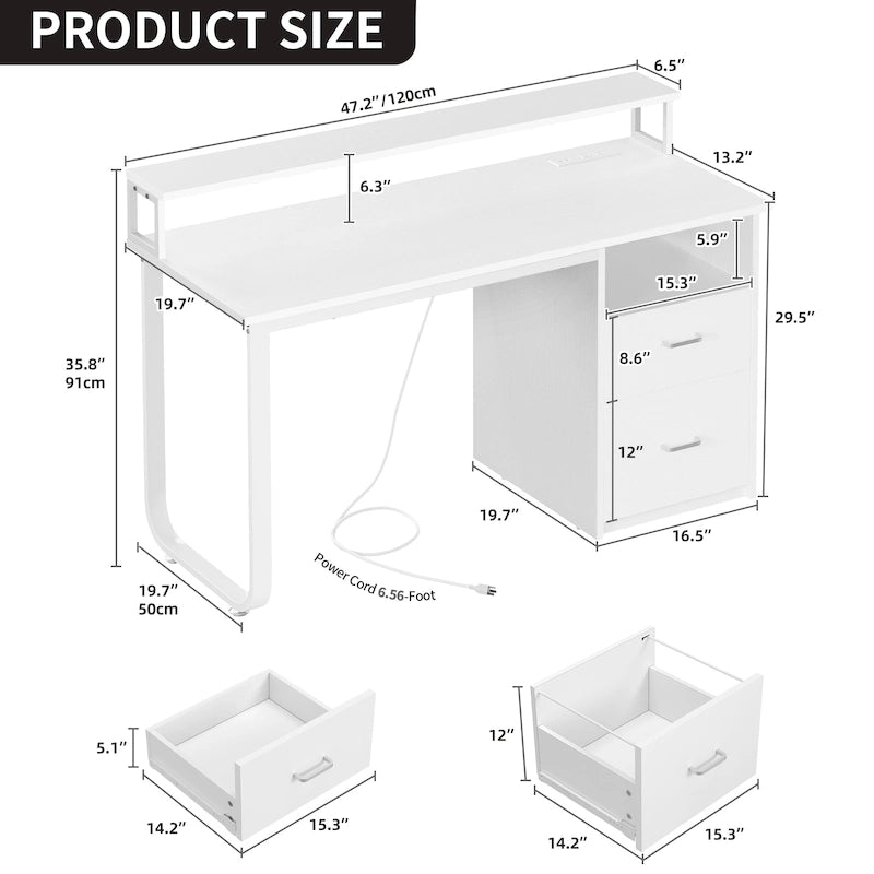Bureau informatique avec lumières LED RGB, support d'écran, tiroirs Blanc Marron