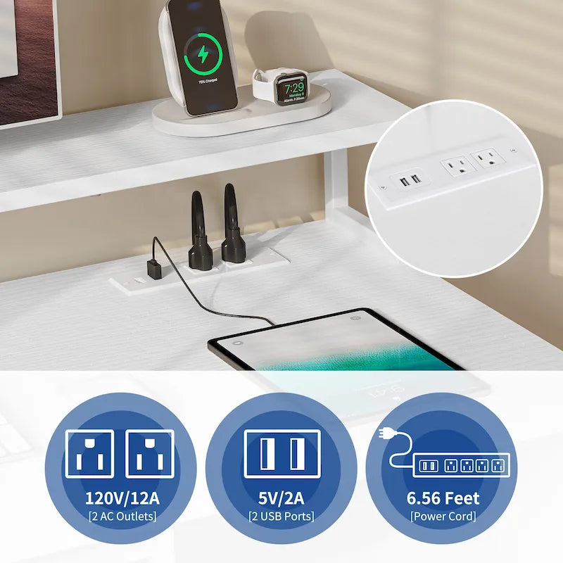 Bureau informatique avec lumières LED RGB, support d'écran, tiroirs Blanc Marron